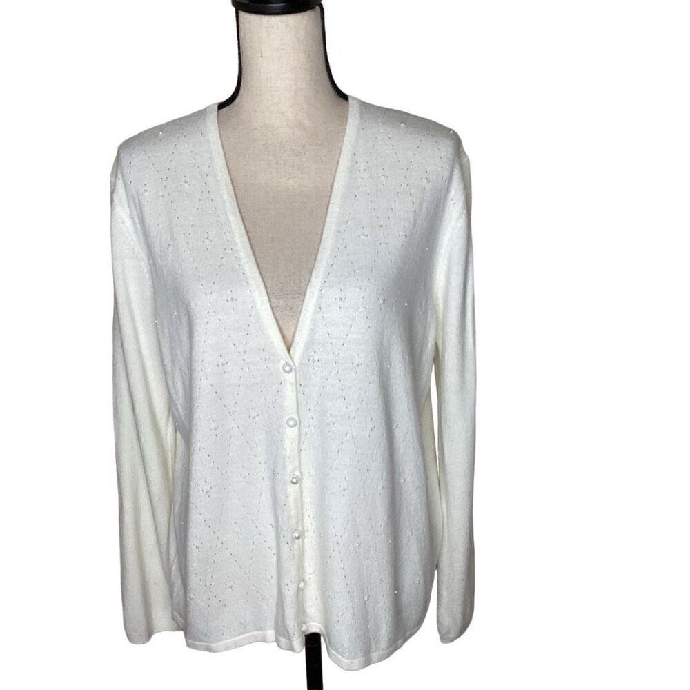 Koret Soft Ivory Grandmacore, Pearlcore Old Money, Vintage V Neck Cardigan Sz L